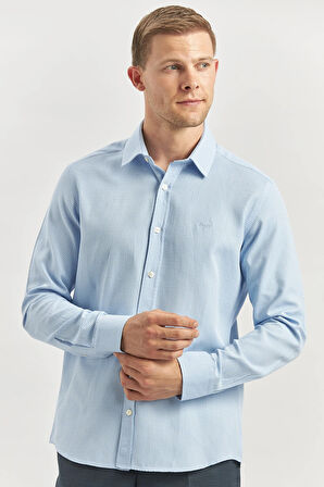 Mavi Uzun Kol Kendinden Desenli Armürlü 032 Sert Yaka Casual Slim Fit Gömlek 1004240249
