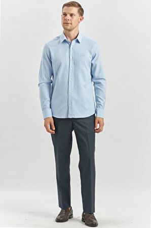 Mavi Uzun Kol Kendinden Desenli Armürlü 032 Sert Yaka Casual Slim Fit Gömlek 1004240249