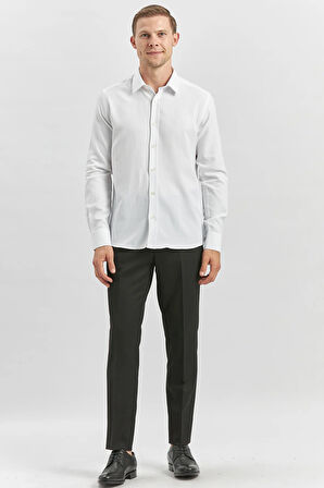 Beyaz Uzun Kol Kendinden Desenli Armürlü 032 Sert Yaka Casual Slim Fit Gömlek 1004240249
