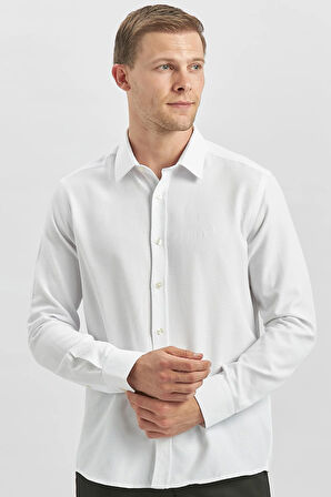 Beyaz Uzun Kol Kendinden Desenli Armürlü 032 Sert Yaka Casual Slim Fit Gömlek 1004240249