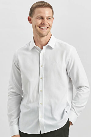 Beyaz Uzun Kol Kendinden Desenli Armürlü 032 Sert Yaka Casual Slim Fit Gömlek 1004240249