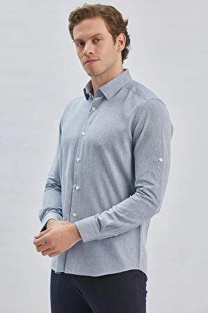Koyu Mavi Uzun Kol Kendinden Desenli Armürlü Yarım İtalyan Yaka Classic Slim Fit Gömlek 1004240250