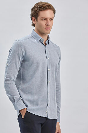 Koyu Mavi Uzun Kol Kendinden Desenli Armürlü Yarım İtalyan Yaka Classic Slim Fit Gömlek 1004240250