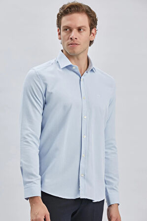 Mavi Uzun Kol Kendinden Desenli Armürlü Yarım İtalyan Yaka Classic Slim Fit Gömlek 1004240250