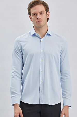 Mavi Uzun Kol Kendinden Desenli Armürlü Yarım İtalyan Yaka Classic Slim Fit Gömlek 1004240250