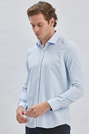 Mavi Uzun Kol Kendinden Desenli Armürlü Yarım İtalyan Yaka Classic Slim Fit Gömlek 1004240250