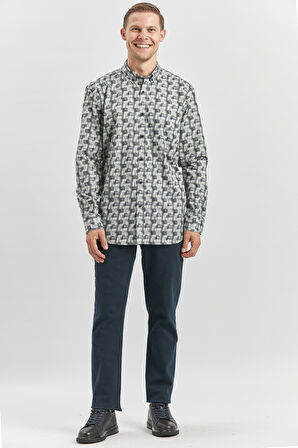 Gri Uzun Kol Kendinden Desenli BASKILI Perfectto Düğmeli Yaka Classic Comfort Fit Gömlek 1004240251