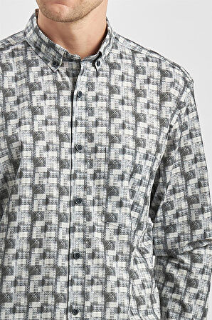 Gri Uzun Kol Kendinden Desenli BASKILI Perfectto Düğmeli Yaka Classic Comfort Fit Gömlek 1004240251