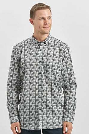 Gri Uzun Kol Kendinden Desenli BASKILI Perfectto Düğmeli Yaka Classic Comfort Fit Gömlek 1004240251