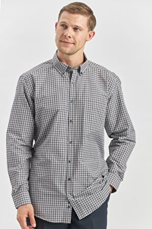 Koyu Kahverengi Uzun Kol Ekose Desen Bez Ayağı Smart Düğmeli Yaka Classic Comfort Fit Gömlek 1004240252