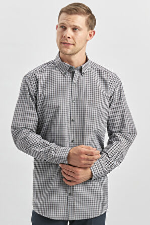 Koyu Kahverengi Uzun Kol Ekose Desen Bez Ayağı Smart Düğmeli Yaka Classic Comfort Fit Gömlek 1004240252