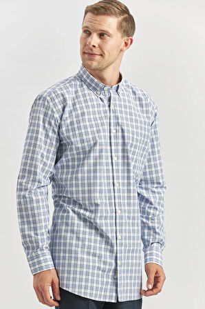 Koyu Lacivert Uzun Kol Ekose Desen Bez Ayağı Smart Düğmeli Yaka Classic Comfort Fit Gömlek 1004240253