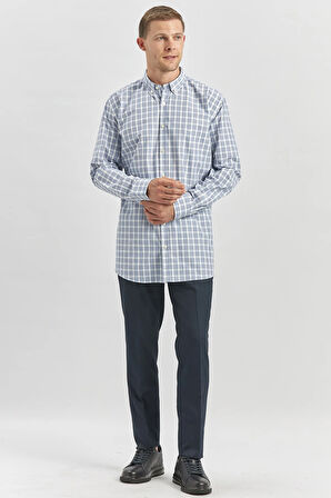 Koyu Lacivert Uzun Kol Ekose Desen Bez Ayağı Smart Düğmeli Yaka Classic Comfort Fit Gömlek 1004240253