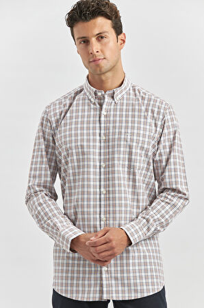 Kiremit Uzun Kol Ekose Desen Bez Ayağı Smart Düğmeli Yaka Classic Comfort Fit Gömlek 1004240253