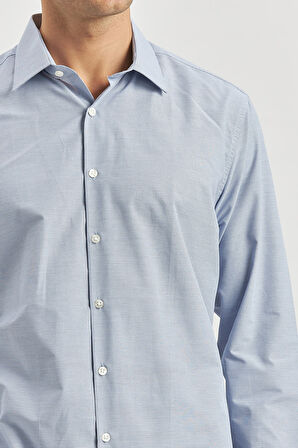 Koyu Lacivert Uzun Kol Kendinden Desenli Bez Ayağı 041 Sert Yaka Classic Comfort Fit Gömlek 1004240256