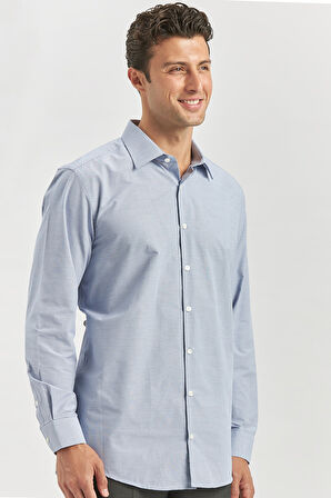 Koyu Lacivert Uzun Kol Kendinden Desenli Bez Ayağı 041 Sert Yaka Classic Comfort Fit Gömlek 1004240256