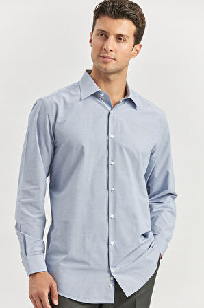 Koyu Lacivert Uzun Kol Kendinden Desenli Bez Ayağı 041 Sert Yaka Classic Comfort Fit Gömlek 1004240256