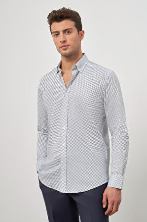 Beyaz Uzun Kol Baskılı Bez Ayağı Perfectto Alttan Biritli Yaka Cepsiz Pamuklu Classic Slim Fit Gömlek 1004240259