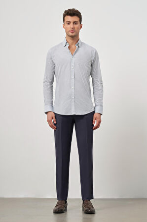 Beyaz Uzun Kol Baskılı Bez Ayağı Perfectto Alttan Biritli Yaka Cepsiz Pamuklu Classic Slim Fit Gömlek 1004240259