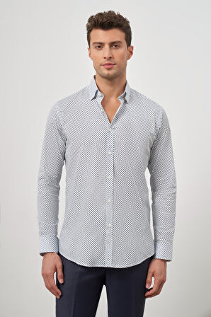 Beyaz Uzun Kol Baskılı Bez Ayağı Perfectto Alttan Biritli Yaka Cepsiz Pamuklu Classic Slim Fit Gömlek 1004240259