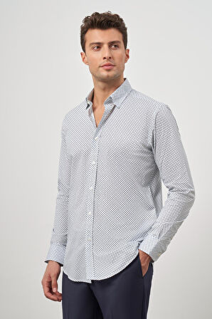 Beyaz Uzun Kol Baskılı Bez Ayağı Perfectto Alttan Biritli Yaka Cepsiz Pamuklu Classic Slim Fit Gömlek 1004240259