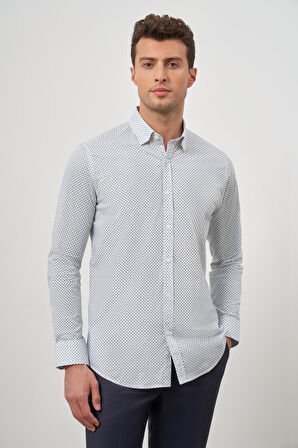 Beyaz Uzun Kol Baskılı Bez Ayağı Perfectto Alttan Biritli Yaka Cepsiz Pamuklu Classic Slim Fit Gömlek 1004240259