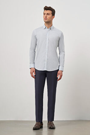Beyaz Uzun Kol Baskılı Bez Ayağı Perfectto Alttan Biritli Yaka Cepsiz Pamuklu Classic Slim Fit Gömlek 1004240259