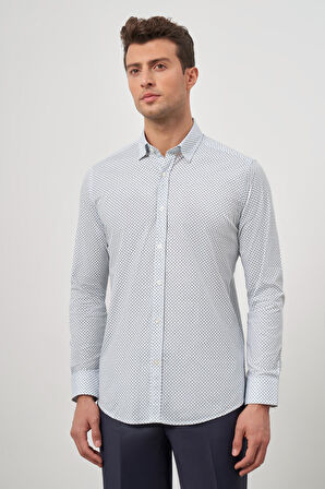 Beyaz Uzun Kol Baskılı Bez Ayağı Perfectto Alttan Biritli Yaka Cepsiz Pamuklu Classic Slim Fit Gömlek 1004240259