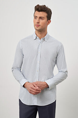 Beyaz Uzun Kol Baskılı Bez Ayağı Perfectto Alttan Biritli Yaka Cepsiz Pamuklu Classic Slim Fit Gömlek 1004240259