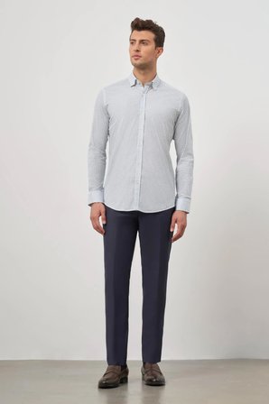 Beyaz Uzun Kol Baskılı Bez Ayağı Perfectto Alttan Biritli Yaka Cepsiz Pamuklu Classic Slim Fit Gömlek 1004240259