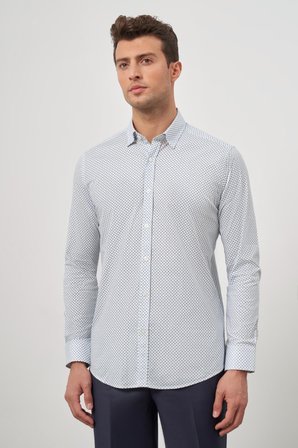 Beyaz Uzun Kol Baskılı Bez Ayağı Perfectto Alttan Biritli Yaka Cepsiz Pamuklu Classic Slim Fit Gömlek 1004240259