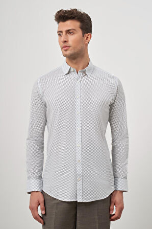Beyaz Uzun Kol Baskılı Bez Ayağı Perfectto Alttan Biritli Yaka Cepsiz Pamuklu Classic Slim Fit Gömlek 1004240259