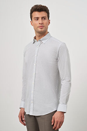 Beyaz Uzun Kol Baskılı Bez Ayağı Perfectto Alttan Biritli Yaka Cepsiz Pamuklu Classic Slim Fit Gömlek 1004240259