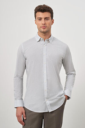 Beyaz Uzun Kol Baskılı Bez Ayağı Perfectto Alttan Biritli Yaka Cepsiz Pamuklu Classic Slim Fit Gömlek 1004240259