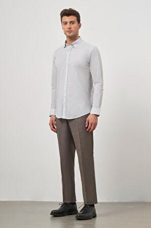 Beyaz Uzun Kol Baskılı Bez Ayağı Perfectto Alttan Biritli Yaka Cepsiz Pamuklu Classic Slim Fit Gömlek 1004240259