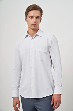 Koyu Lacivert Uzun Kol Çizgili Desen Bez Ayağı 041 Sert Yaka Classic Comfort Fit Gömlek 1004240263