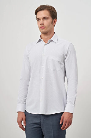 Koyu Lacivert Uzun Kol Çizgili Desen Bez Ayağı 041 Sert Yaka Classic Comfort Fit Gömlek 1004240263