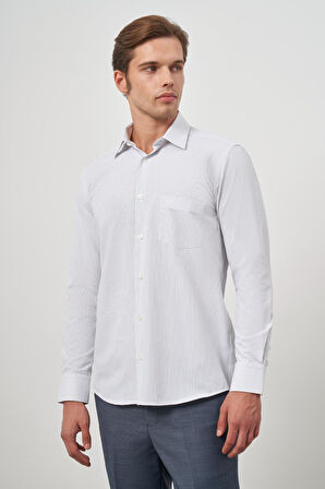 Koyu Lacivert Uzun Kol Çizgili Desen Bez Ayağı 041 Sert Yaka Classic Comfort Fit Gömlek 1004240263
