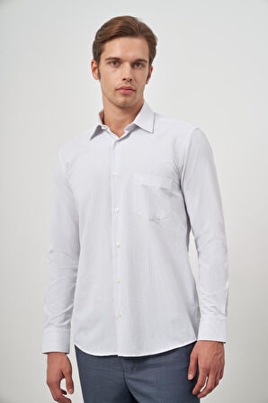 Koyu Lacivert Uzun Kol Çizgili Desen Bez Ayağı 041 Sert Yaka Classic Comfort Fit Gömlek 1004240263