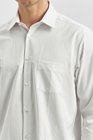 Bej Uzun Kol Çizgili Desen Bez Ayağı 041 Sert Yaka Classic Comfort Fit Gömlek 1004240263