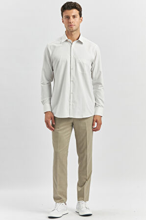 Bej Uzun Kol Çizgili Desen Bez Ayağı 041 Sert Yaka Classic Comfort Fit Gömlek 1004240263