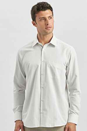 Bej Uzun Kol Çizgili Desen Bez Ayağı 041 Sert Yaka Classic Comfort Fit Gömlek 1004240263