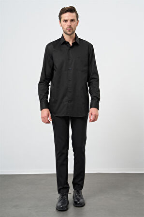 Siyah Uzun Kollu Sert Yaka Cepli %100 Pamuk Klasik Comfort Fit Rahat Kesim Gömlek 1004240323