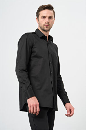 Siyah Uzun Kollu Sert Yaka Cepli %100 Pamuk Klasik Comfort Fit Rahat Kesim Gömlek 1004240323