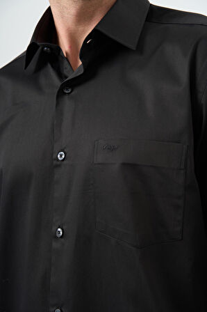 Siyah Uzun Kollu Sert Yaka Cepli %100 Pamuk Klasik Comfort Fit Rahat Kesim Gömlek 1004240323