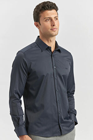 Lacivert Uzun Kol Düz Bez Ayağı 032 Sert Yaka Classic Slim Fit Gömlek 1004240334