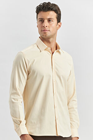 Açık Bej Uzun Kol Düz Bez Ayağı 032 Sert Yaka Classic Slim Fit Gömlek 1004240334