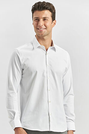 Beyaz Uzun Kol Düz Bez Ayağı 032 Sert Yaka Classic Slim Fit Gömlek 1004240334