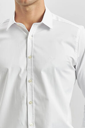 Beyaz Uzun Kol Düz Bez Ayağı 032 Sert Yaka Classic Slim Fit Gömlek 1004240334