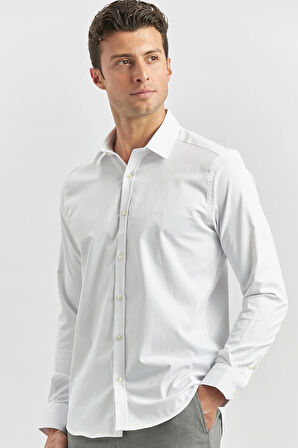 Beyaz Uzun Kol Düz Bez Ayağı 032 Sert Yaka Classic Slim Fit Gömlek 1004240334